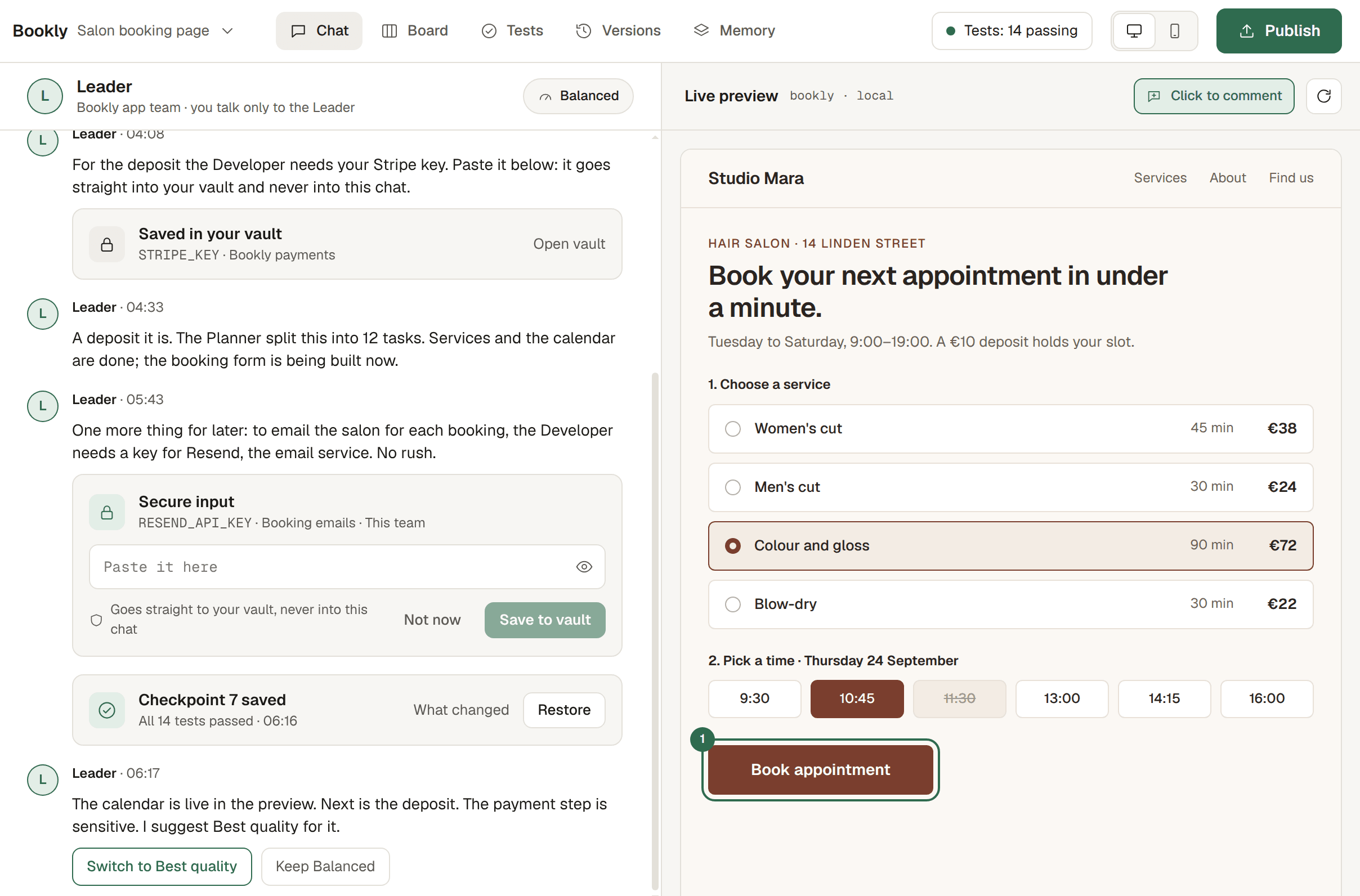 Vanel with the sample project Bookly open. In the chat with the Leader, checkpoint 7 has just been saved with all 14 tests passed, and the Leader says the calendar is live. Next to it, the live preview of the Studio Mara booking page, where a time that is already booked cannot be picked.