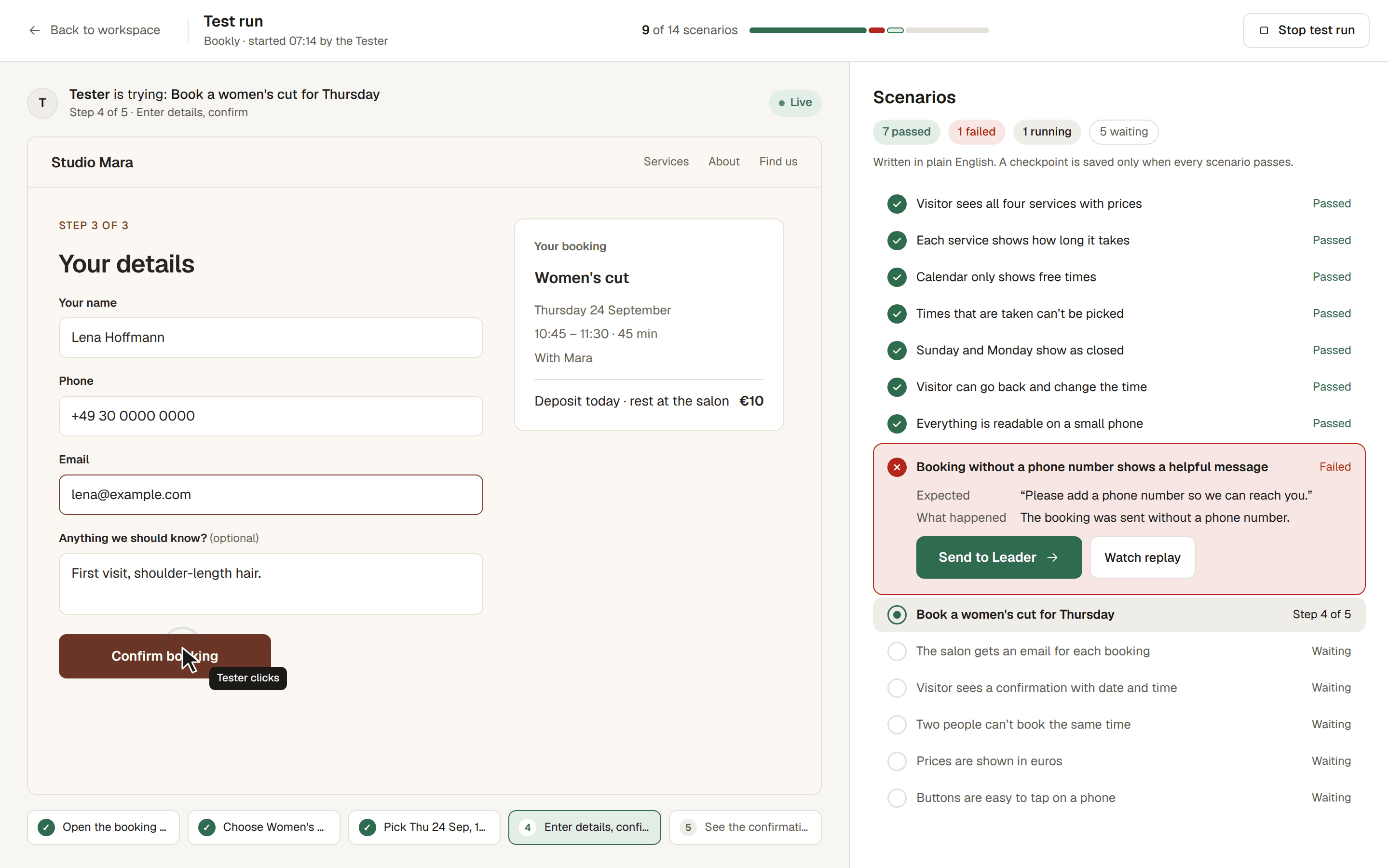 A test run in Vanel: the Tester fills in the Bookly booking form while the list of checks fills in. Seven checks passed and one failed, because booking without a phone number showed no helpful message. It can be sent straight to the Leader.