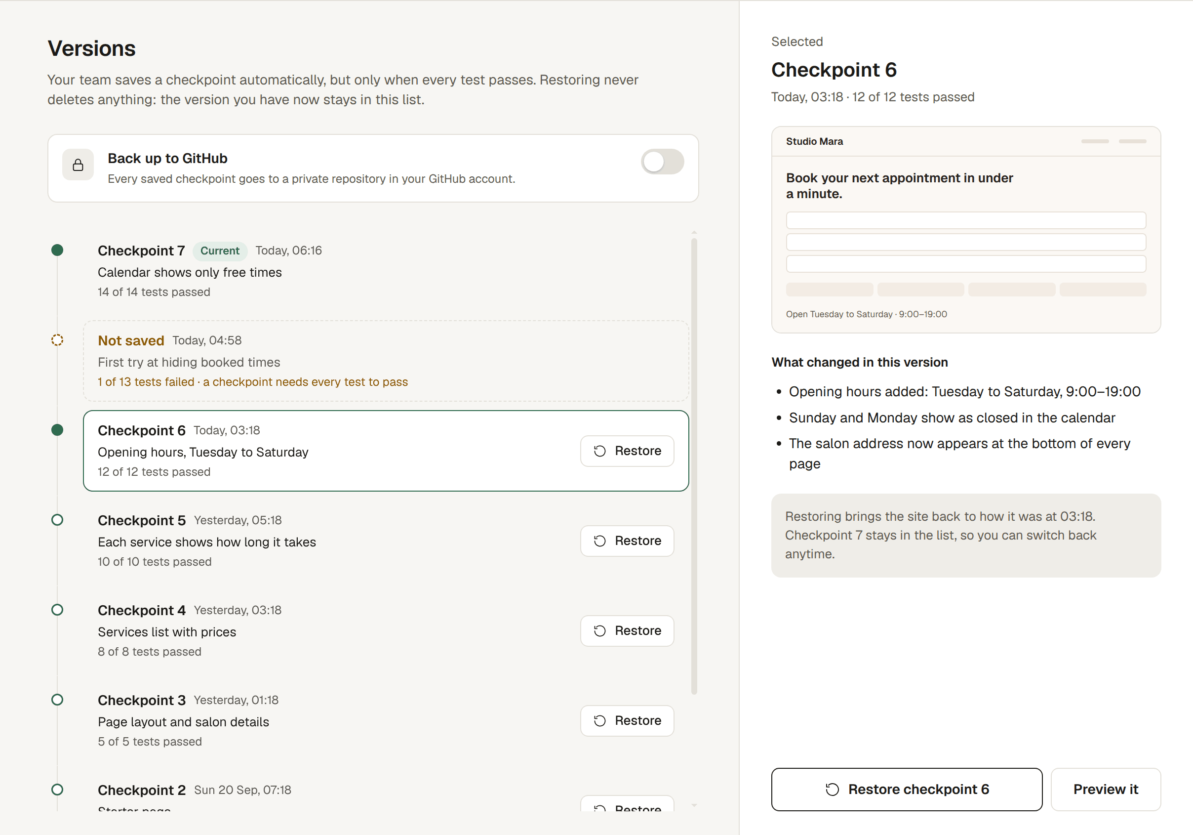 The Versions screen in Vanel: Bookly’s saved checkpoints, newest first, each with how many tests passed, and one try that was not saved because a test failed.