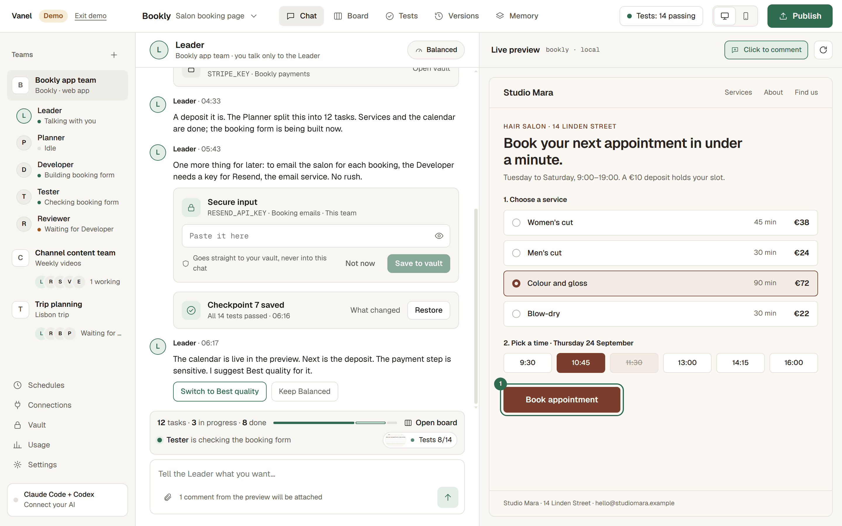 Vanel’s workspace: your teams and the Bookly team’s members on the left, the chat with the Leader in the middle, and the live preview of the booking page on the right.