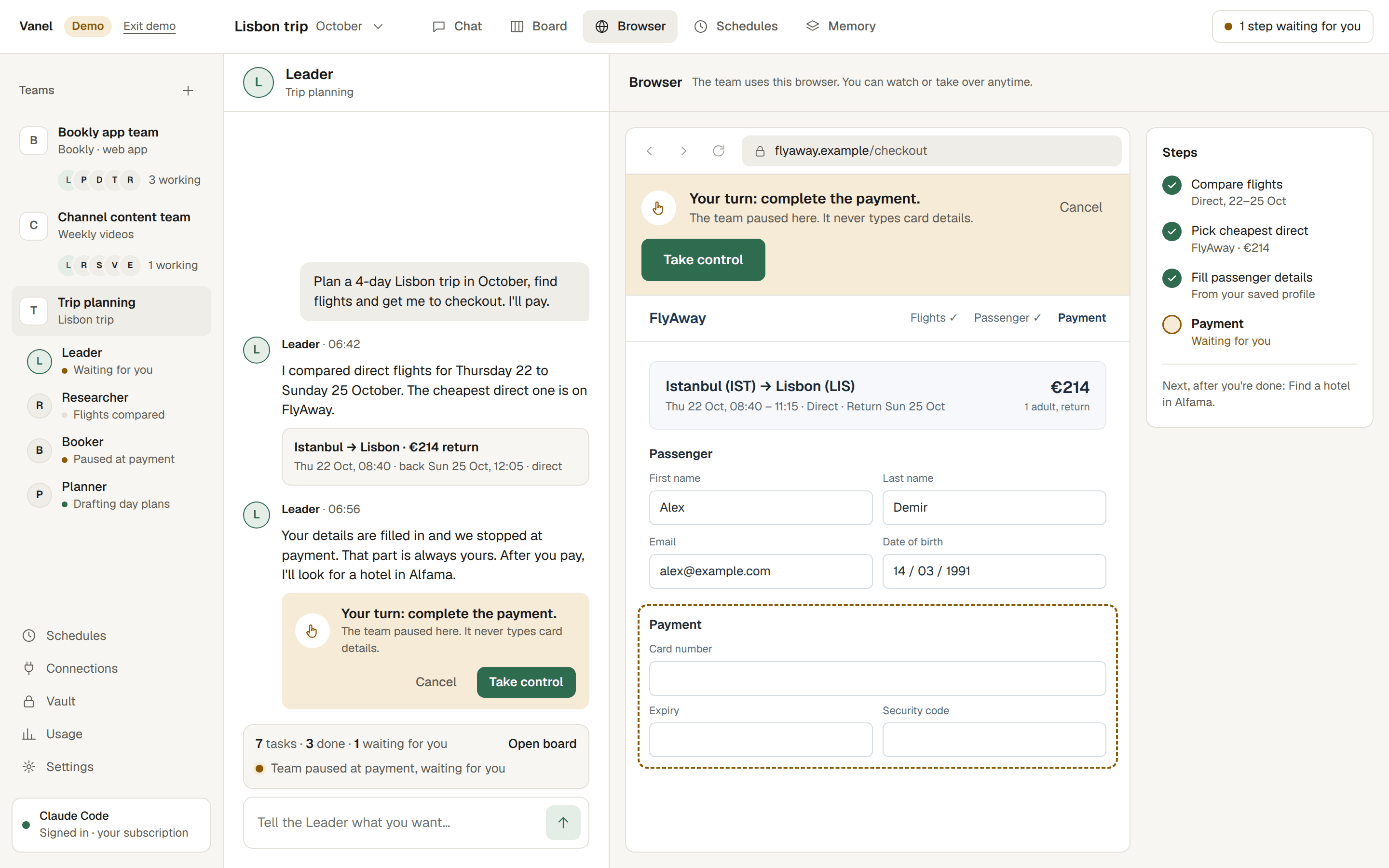 The team’s browser in Vanel, stopped at a flight checkout with the note: “Your turn: complete the payment. The team paused here. It never types card details.”